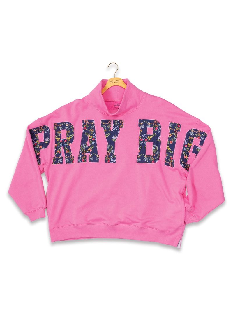 0226-SWTSH-MCK-EVD-PRYBG-OS Simply Southern Women's Pray Big Mock Neck Top One size