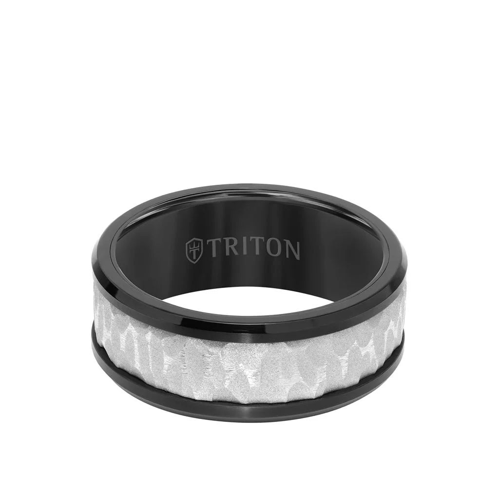 11-6012 9MM Tungsten Carbide Ring - Sandblasted Distressed Center, Bevel Edge & Polished Rims