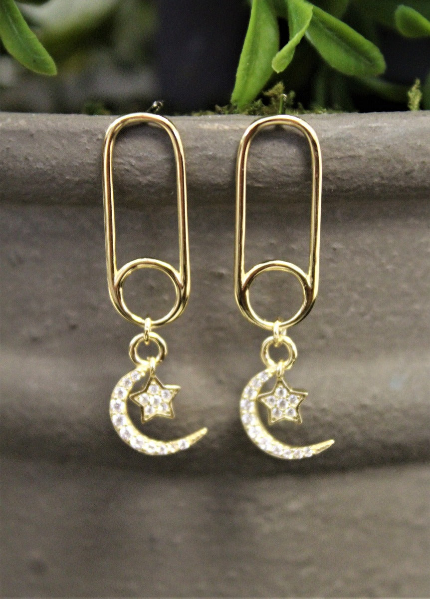 Sterling Silver CZ Paper Clip With Crescent/Star Dangle Stud Earrings - Gold Plated