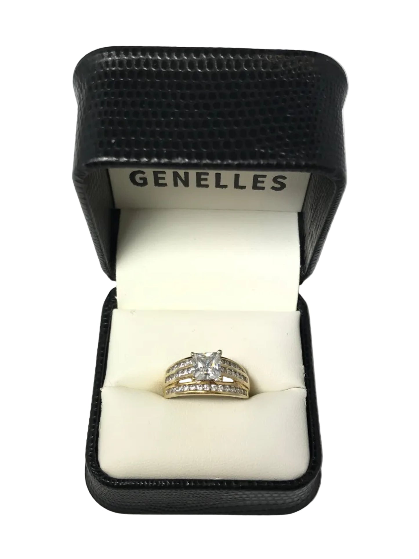 U 48189 10K Yellow Gold Princess Cut CZ Ring with 3 Row CZ Accent Band