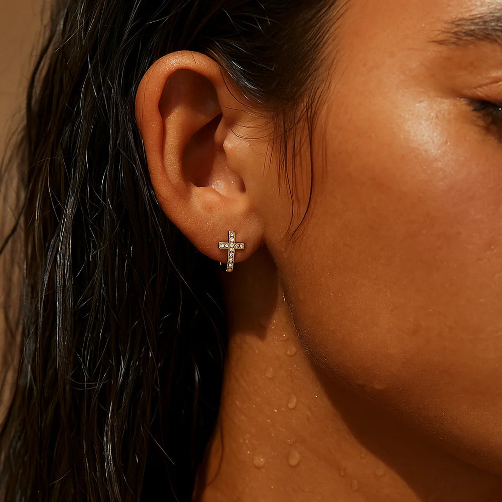 481 Ellie Vail Waterproof Gold-Plated Stainless-Steel Ridge Cross Huggie Hoop Earrings