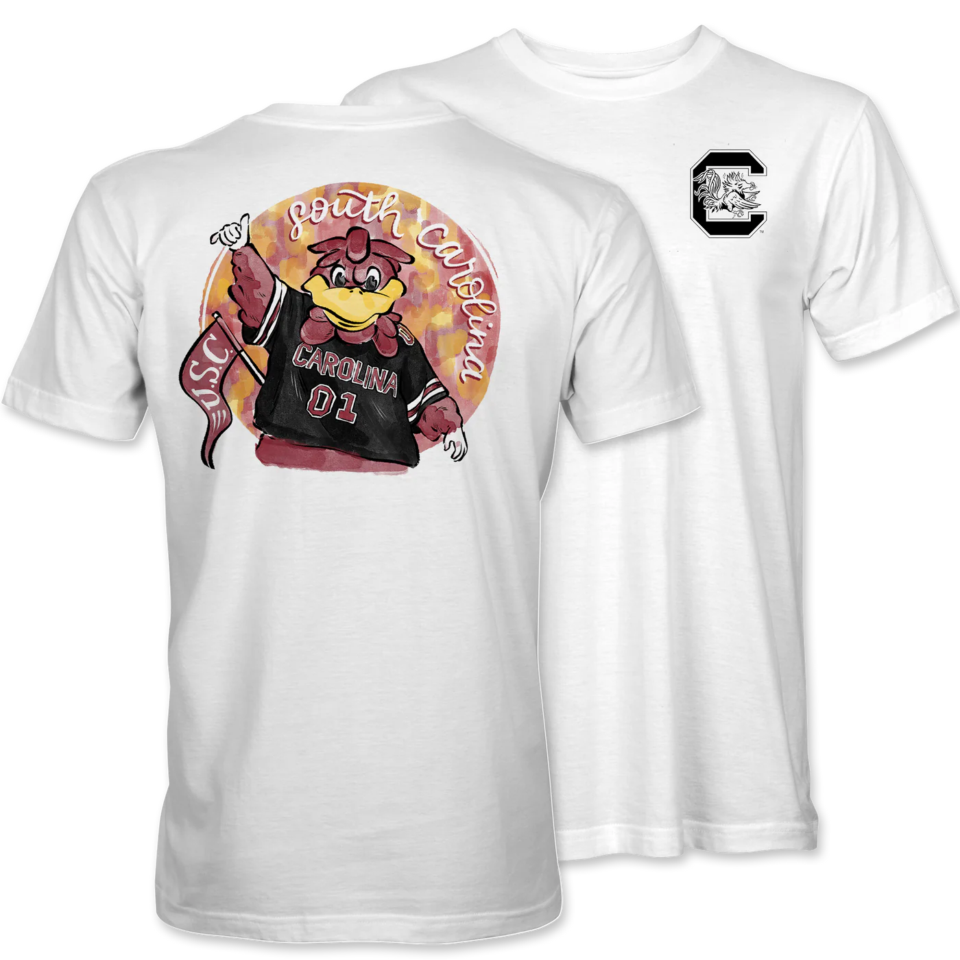 Palmetto Shirt Co. Gamecock Watercolor Cocky Short Sleeve White T-Shirt