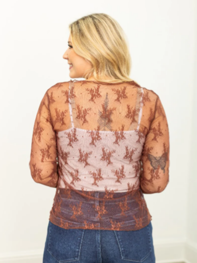 Lovely Lace Long Sleeve Top in Brown