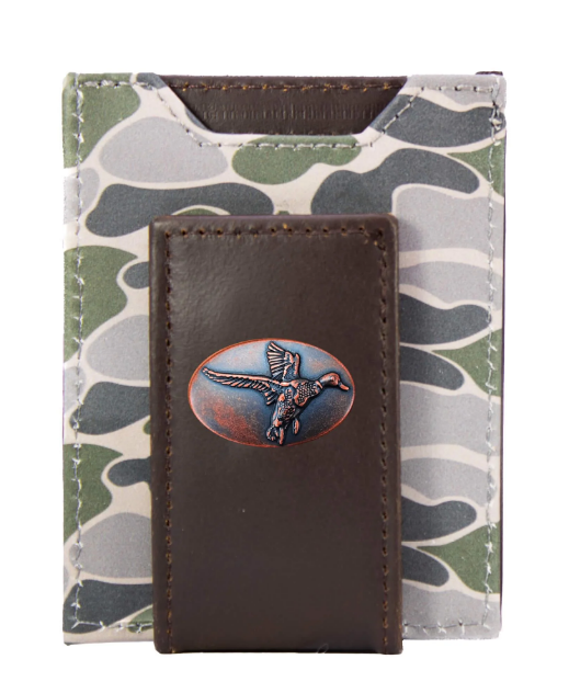 Mallard Men's Magnetic Front Pocket Old School Camo Leather Wallet - Green