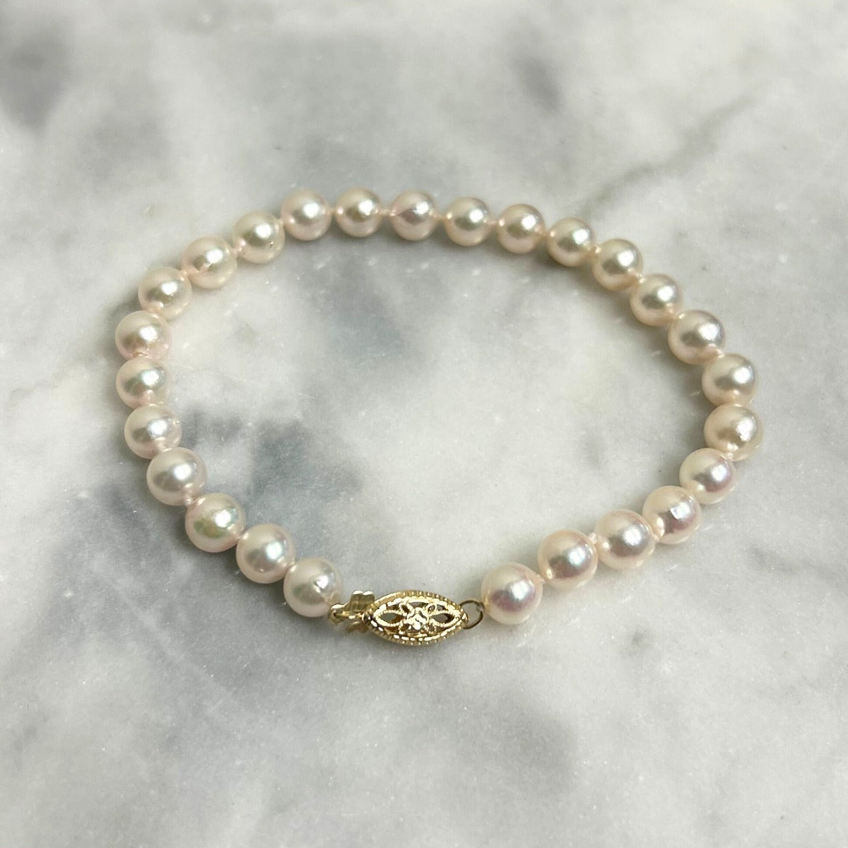 14K Yellow Gold 6x6.5 Akoya Saltwater Pearl Bracelet - 7.5"