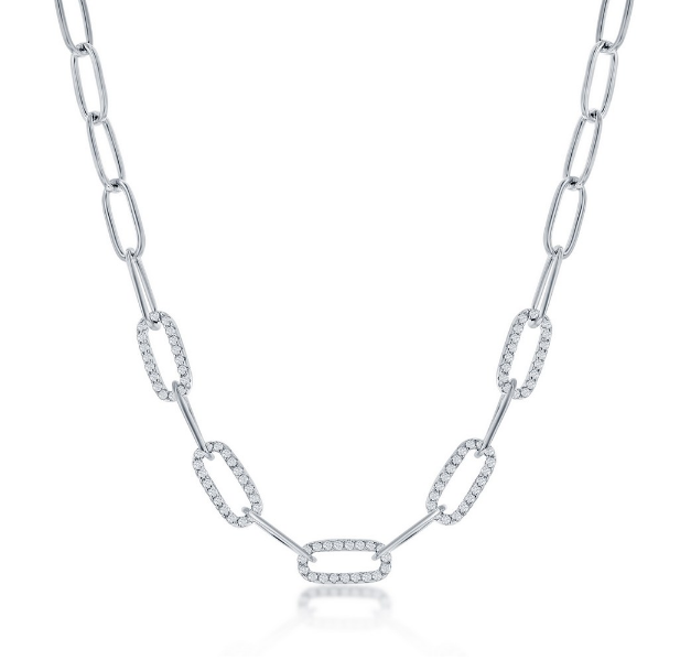 Sterling Silver 5mm Cubic Zirconia Paperclip Necklace