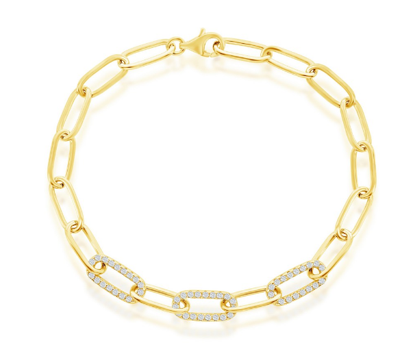 Sterling Silver Gold Plated Classic Cubic Zirconia Paperclip Bracelet - 7"