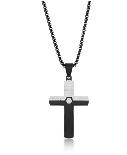 Stainless Steel Silver & Black Cubic Zirconia Cross Necklace
