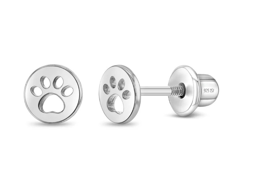 Sterling Silver Dog Paw Coin Girl Earrings