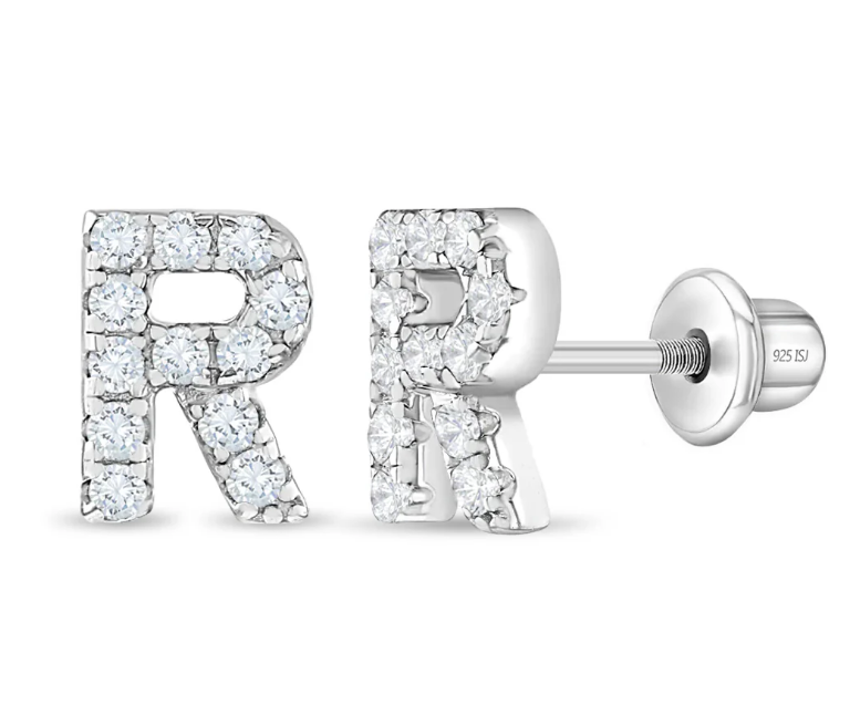 Sterling Silver Cubic Zirconia Letter Initial Earrings - R