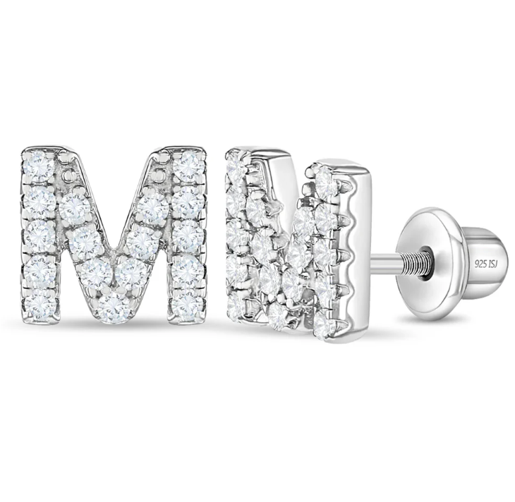 Sterling Silver Cubic Zirconia Letter Initial Earrings - M