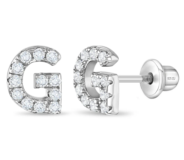 Sterling Silver Cubic Zirconia Letter Initial Earrings - G