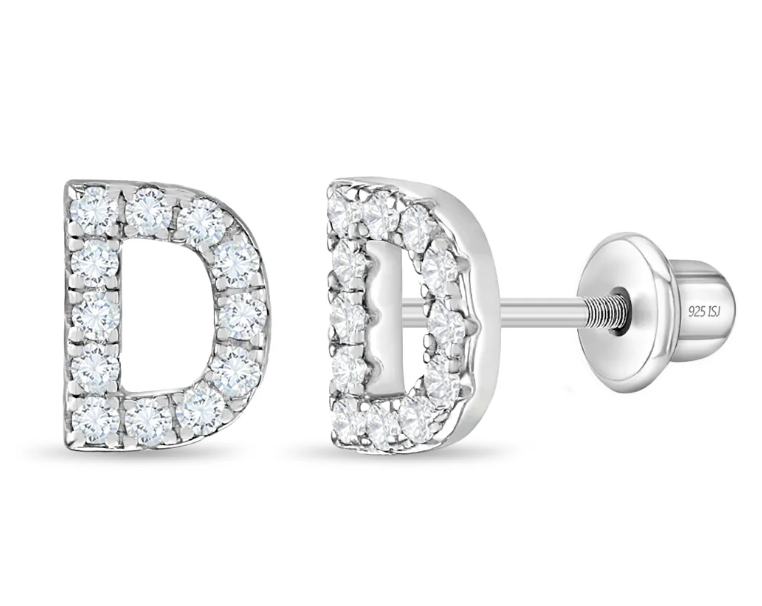 Sterling Silver Cubic Zirconia Letter Initial Earrings - D