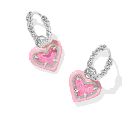 Kendra Scott Ari Heart Enamel Frame Silver Huggie Earrings in Pink Iridescent Glitter