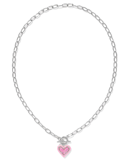Kendra Scott Ari Heart Enamel Frame Link & Chain Necklace in Silver Pink Iridescent Glitter