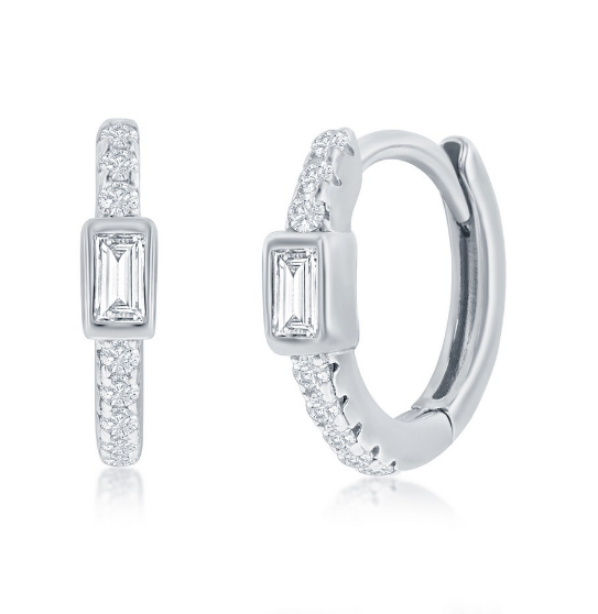 Sterling Silver 11mm Rectangle Center Cubic Zirconia Huggie Hoop Earrings