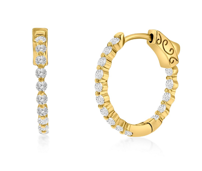 Sterling Silver Gold Plated 20mm Inside-Outside Round Cubic Zirconia Hoop Earrings