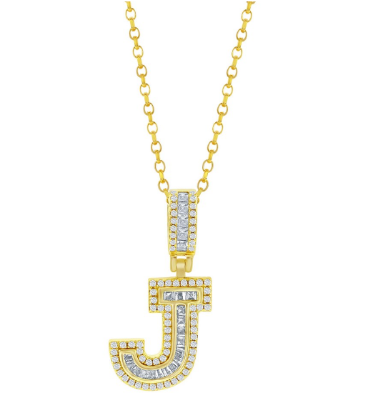 Sterling Silver Gold Plated "J" Baguette Cubic Zirconia Necklace