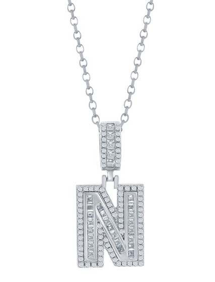 Sterling Silver Cubic Zirconia Baguette Initial Necklace - letter N