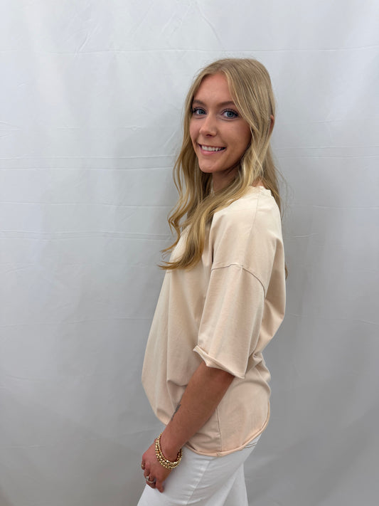 7821-B Southern Grace Beige Boxy Tee Short Sleeve