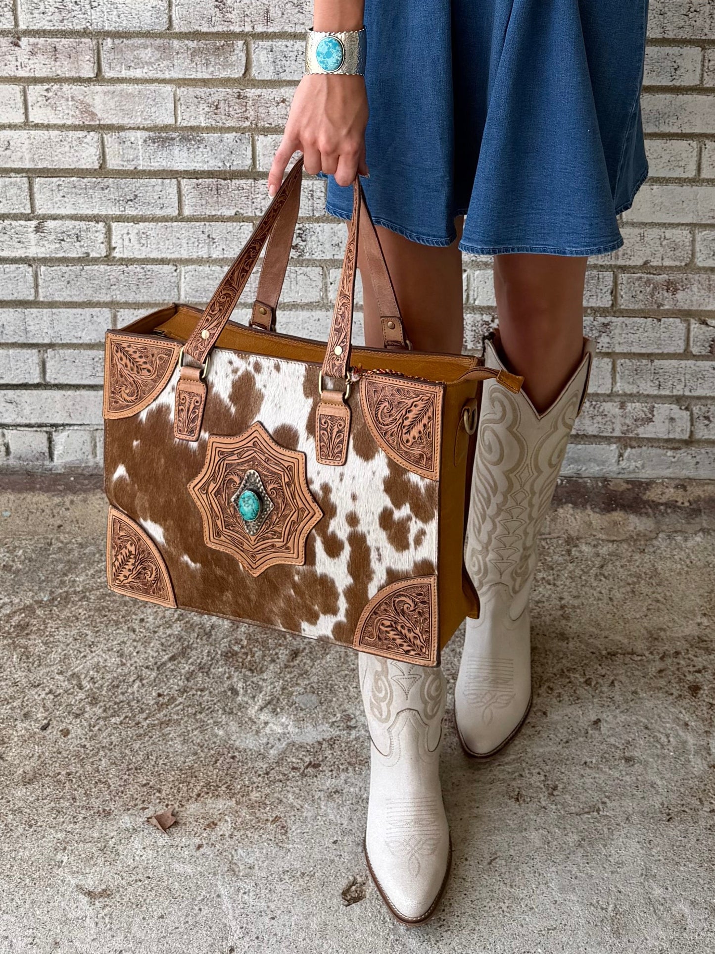 S-13802 Myra Desert Jewel Handtooled Hairon Leather Concealed Carry Bag in Timber Brown