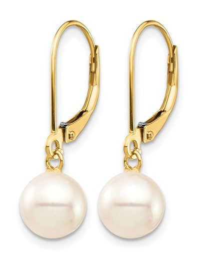 14K Gold Filled 7-8mm White Round Freshwater Pearl Leverback Earrings