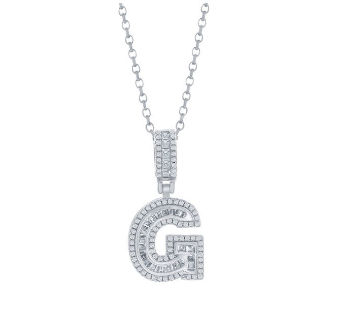 Sterling Silver 'G' Baguette Cubic Zirconia Initial Pendant with Chain