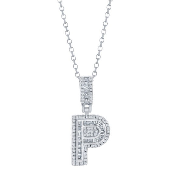 Sterling Silver 'P' Baguette Cubic Zirconia Pendant with Chain