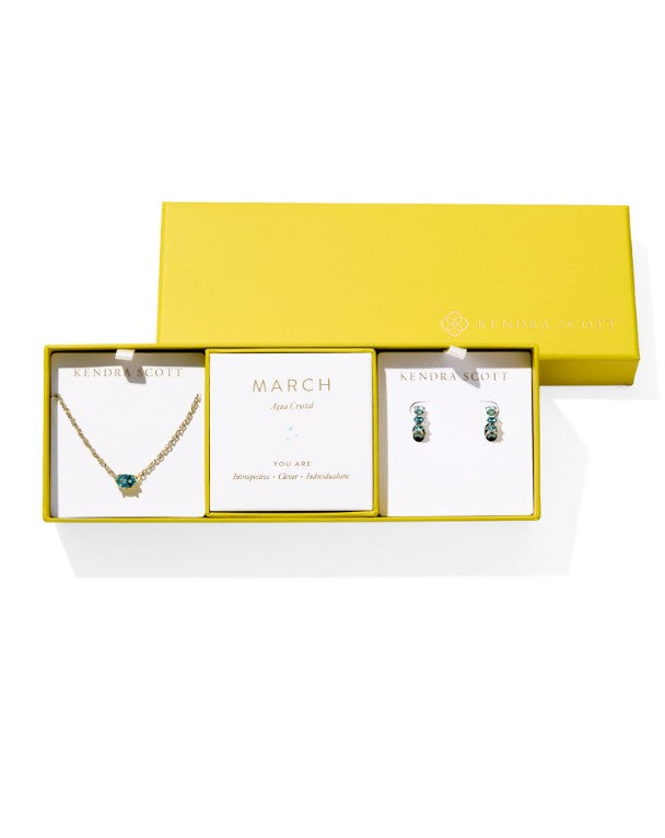 9608889991 Kendra Scott Cailin Birthstone Gift Set in Gold Aqua Crystal