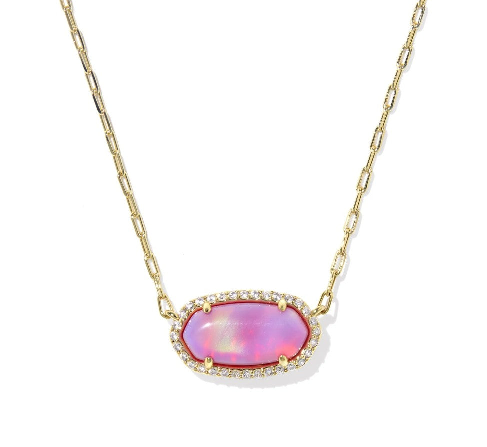 9608890181 Kendra Scott Elisa Pave Frame Gold Short Necklace in Pink Opalescent Resin