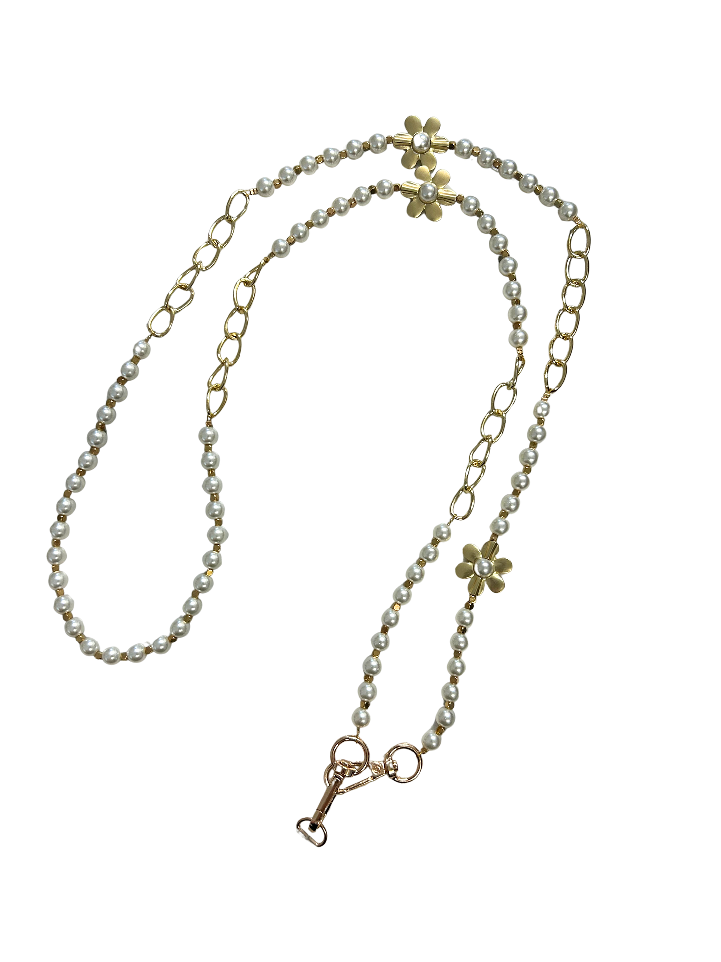 N5654 Gold Tone Pearl & Flower Beaded Phone Strap