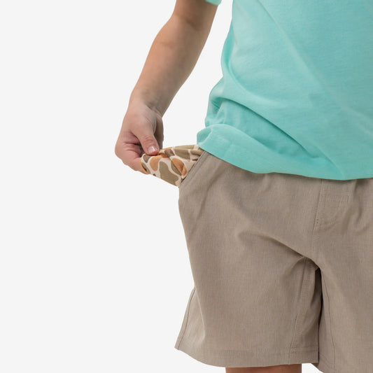 Burlebo Youth Athletic Short in Heather Khaki with Venado Camo Pockets