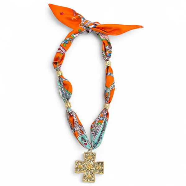 SCN5629 Orange Cross Pendant Scarf Necklace 0