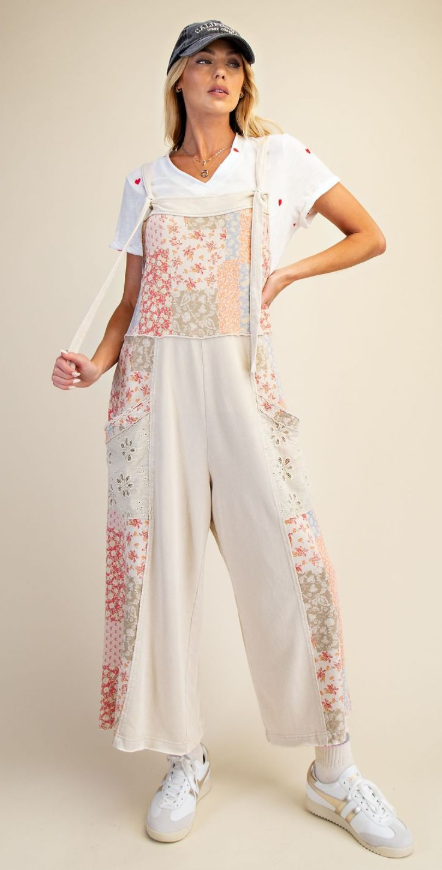EB90234 Easel Khaki Patchwork Print Mineral Washed Jumpsuit