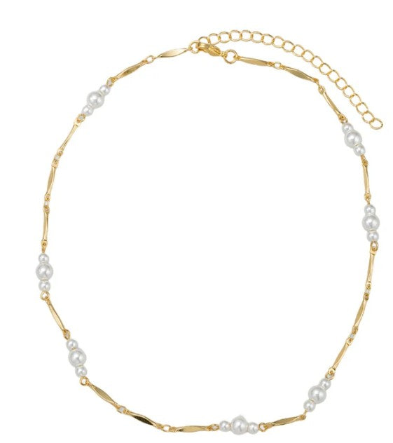 JM50031N-2 Jane Marie Golden for Sure! 18K Yellow Gold Plated Barlink Necklace with White Beads