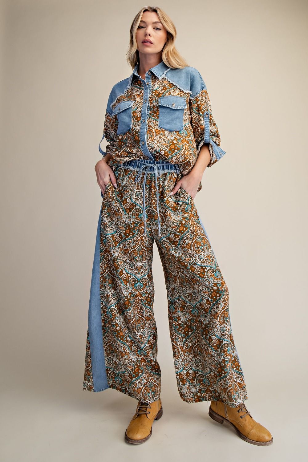 EB57959 Easel Denim Brown Mix Print Chambray Pants 0