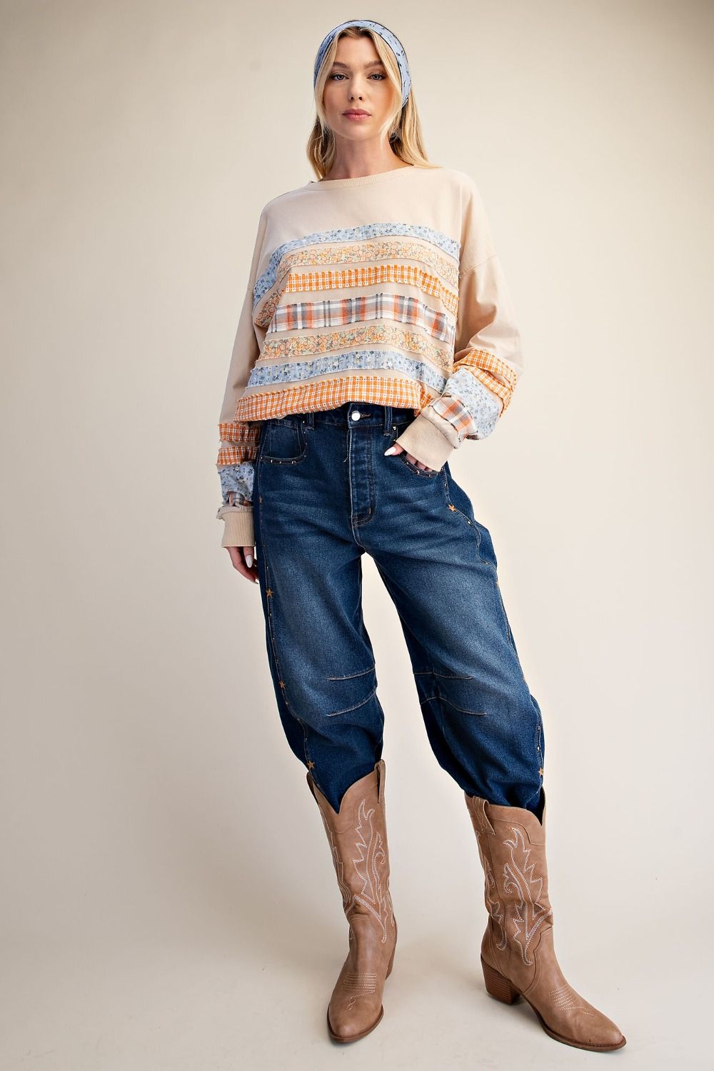 ET29887 Easel Khaki Long Sleeve Striped Mineral Wash Top 0