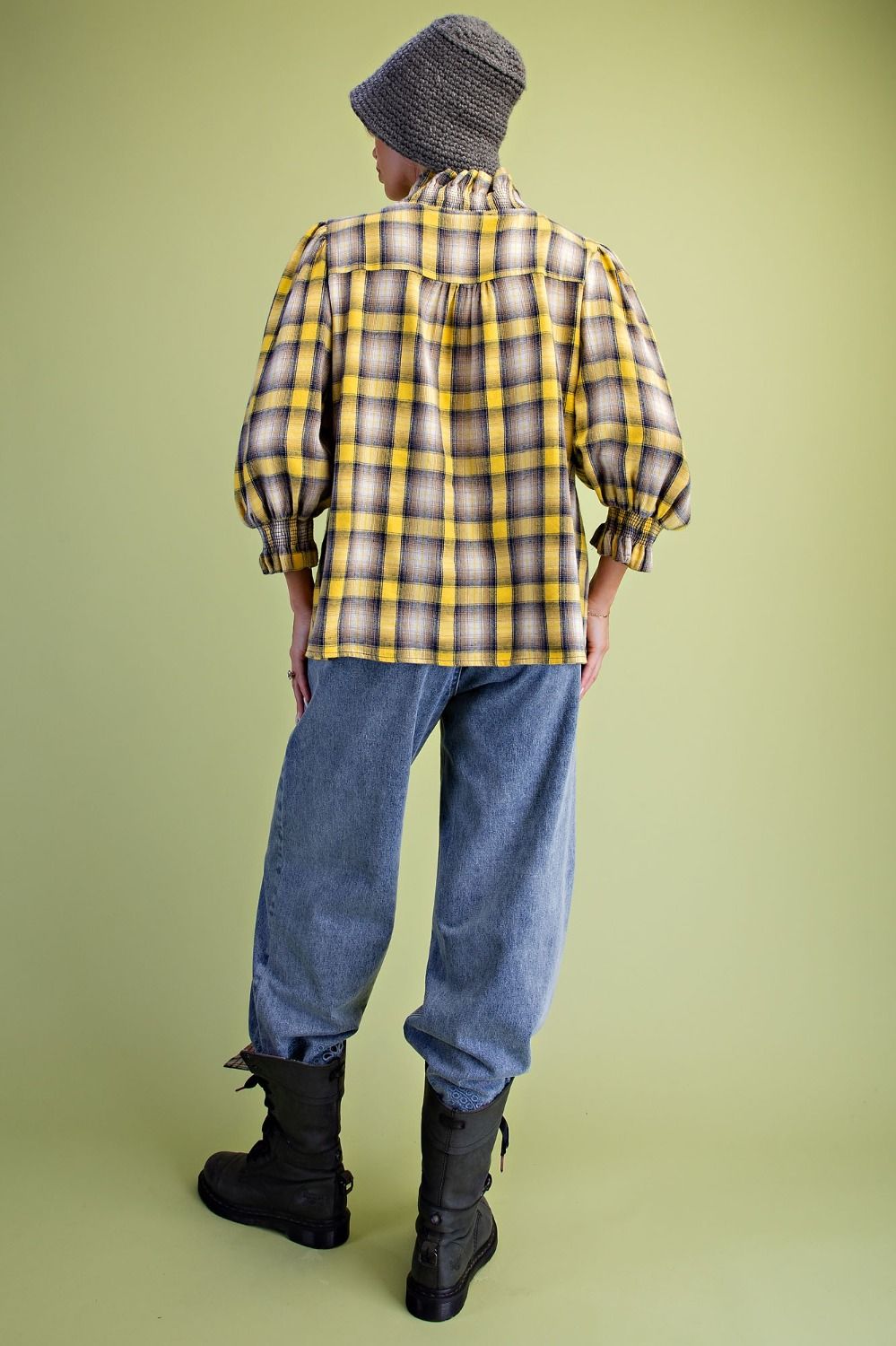 ST100268 Easel Yellow Plaid Ruffle Top 0