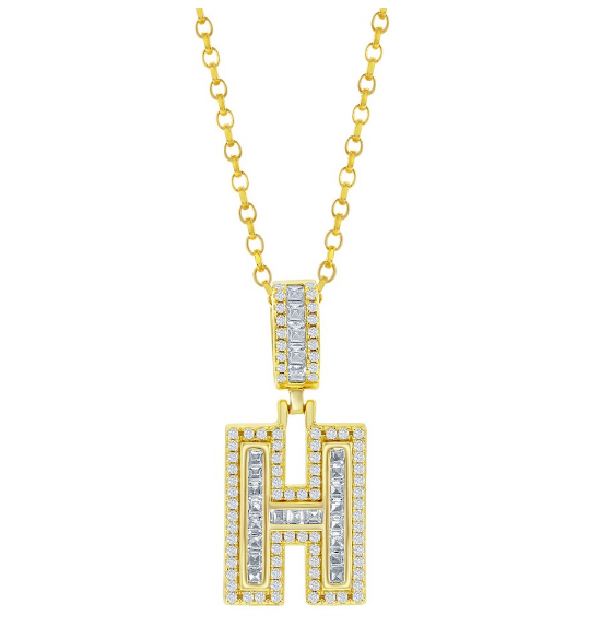 Sterling Silver Gold Tone "H" Baguette Cubic Zirconia Necklace