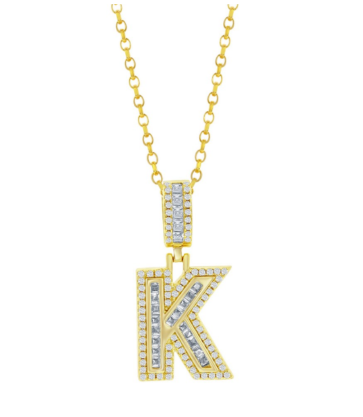 Sterling Silver Gold Tone "K" Baguette Cubic Zirconia Necklace