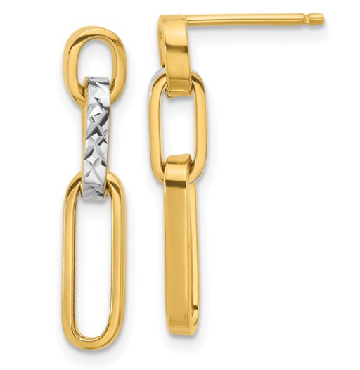 10K Two Tone Rhodium Polished Dimaond Cut Link Dangle Post Earrings
