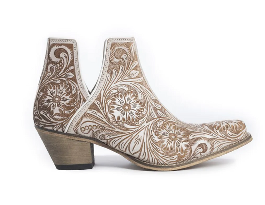 Western Moxie Hand-Tooled Booties in White Chocolate