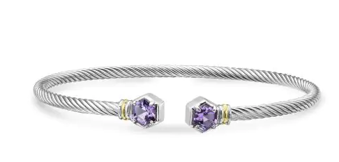 Sterling Silver & 18K Gold Hexagon Cuff Italian Cable Bangle with Amethyst