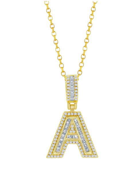 Sterling Silver Gold Plated "A" Baguette Cubic Zirconia Necklace