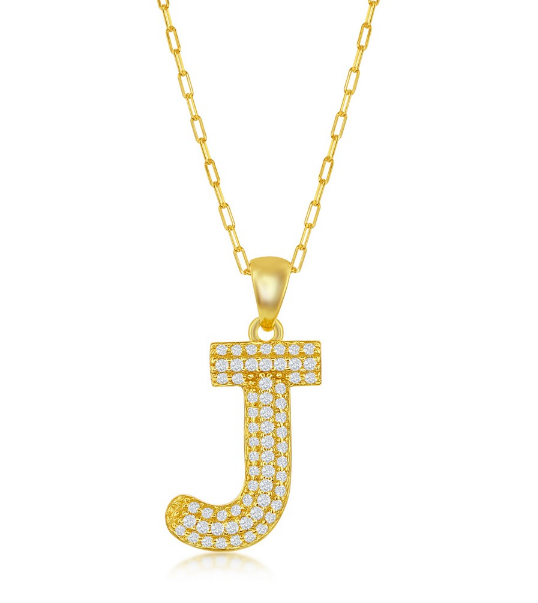 Sterling Silver Gold Plated "J" Micro Pave Cubic Zirconia Paperclip Necklace