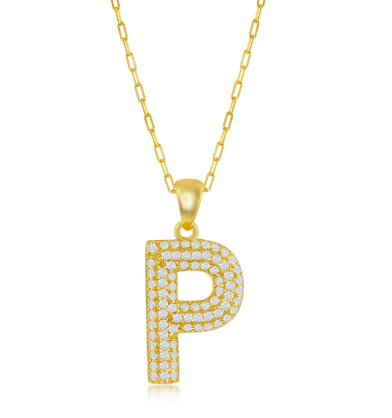 Sterling Silver Gold Plated "P" Micro Pave Cubic Zirconia Necklace