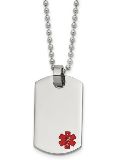 Stainless Steel Polished with Red Enamel Medical ID Dog Tag Necklace - 24"