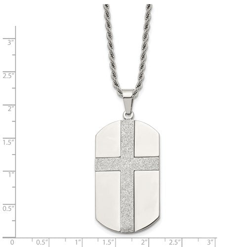 Stainless Steel Polished Laser Cut Cross Dog Tag Necklace - 24"