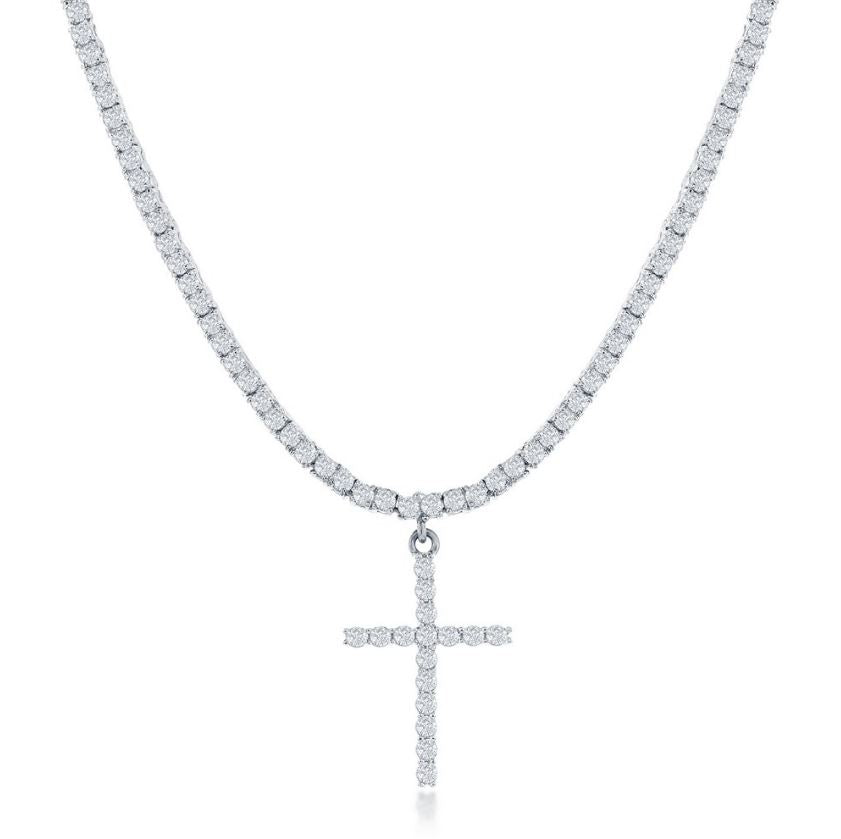 Sterling Silver Cubic Zirconia Cross Tennis Necklace
