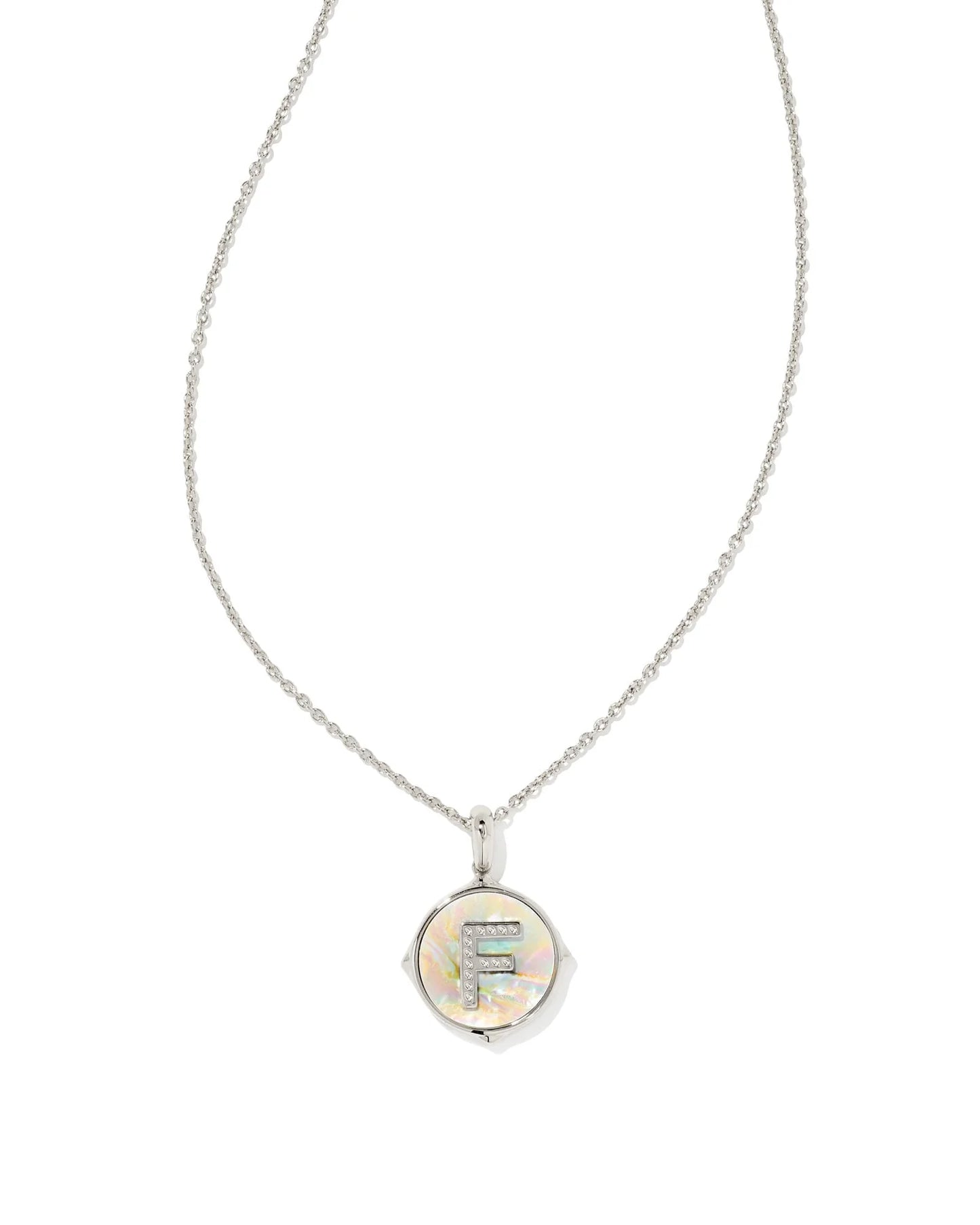 9608802389 Kendra Scott Letter F Pendant Necklace in Silver Iridescent Abalone